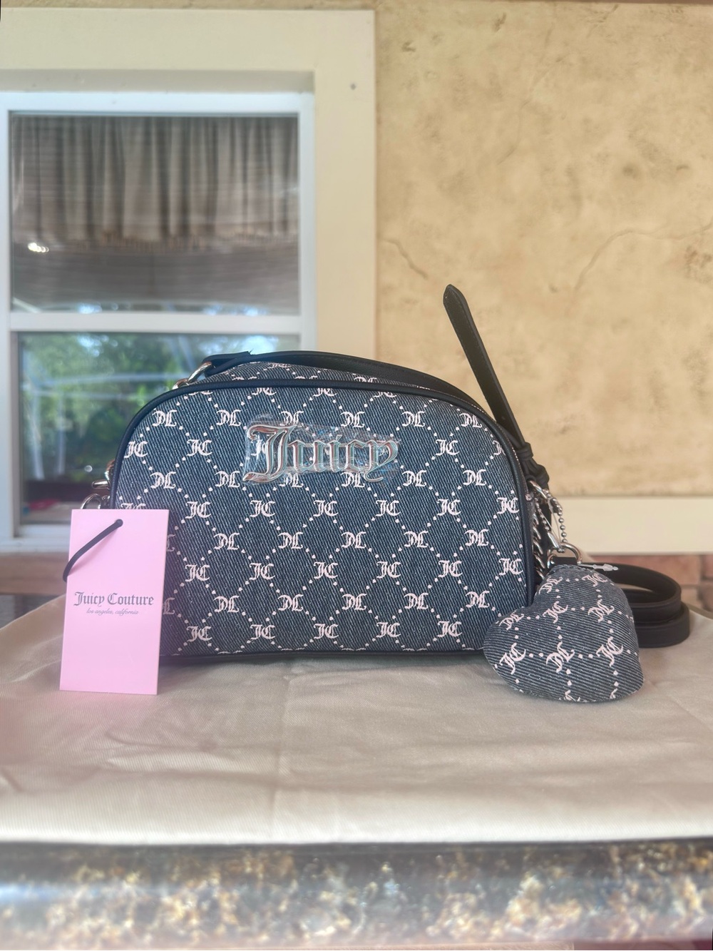 JUICY COUTURE ~ Black Denim Dome Crossbody Purse Pink Monogram Heart Keychain